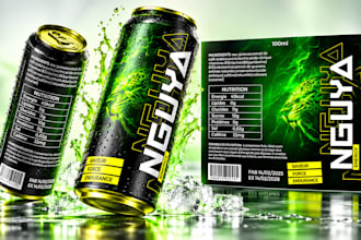 design energy can label, beverage packaging, dieline and 3d product mockup