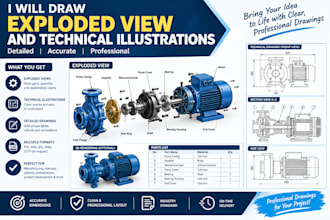 draw exploded view and technical illustrations
