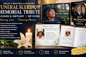 create a funeral slideshow and memorial tribute, eulogies nd obituary rip flyers