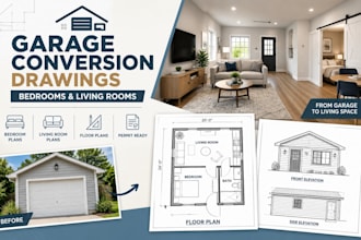 draw garage conversion drawings for bedrooms and living rooms