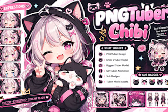 design png tuber video, rig chibi vtuber, sub badges, gif tuber and tuber model