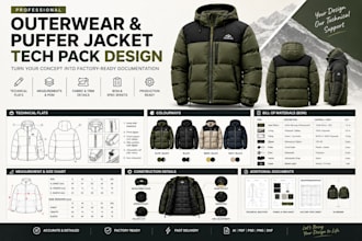 design outerwear tech pack, puffer jacket tech pack, coat fashion tech pack