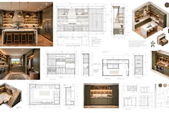 do technical cabinet drawings, laundry basement and kitchen design 3d rendering