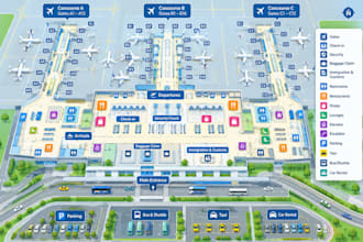 create detailed airport and terminal wayfinding maps