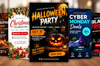 make halloween, cyber monday, christmas, thanksgiving, and black friday flyer