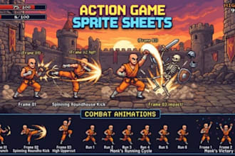 create pixel character sprite sheet animation, walk run, idle, action game art
