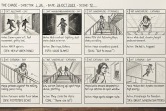 design film storyboard, video storyboard, movie storyboard, cinematic storyboard