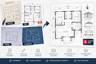 convert hand sketch, pdf or image to autocad 2d floor plan and architectural dwg