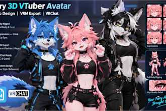 create furry 3d vtuber avatar with an anthro design for vrm export and vrchat