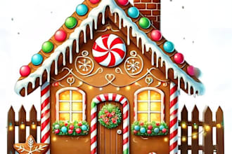 design a cute christmas cottage illustration with snow