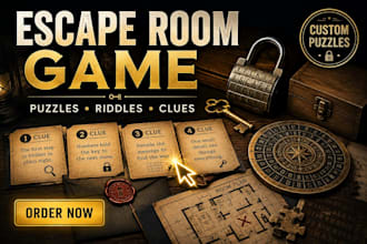 design an escape room game with puzzles, riddles, clues and story