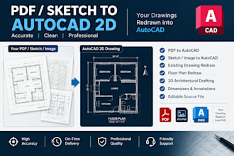 convert PDF or sketch to autocad 2d drawings