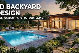 create 3d backyard design, garden, pool, patio and outdoor living rendering