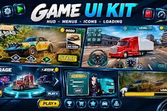 design 2d game UI, hud, menus, buttons and game assets
