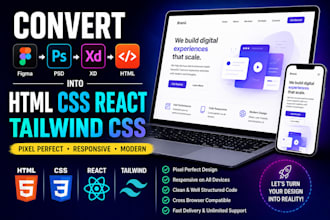 convert figma,html,psd,xd into html css react tailwind