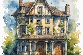 create house or building photo into watercolor art
