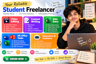 video editing, content writting, ms office etc