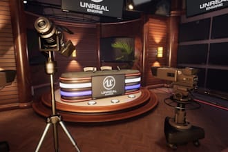 design realistic 3d TV studio, broadcast, podcast and virtual sets