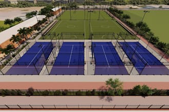 design sport masterplan,outdoor padel court,soccer field,clubhouse render,3dcafe