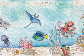 create a hand painted wild animal and sea creature scene