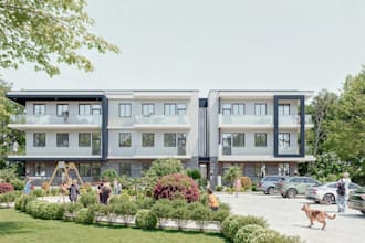 restyle luxury real estate housing, apartment exterior,communal courtyard render