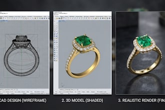 create jewelry cad design, 3d ring model and realistic jewelry rendering