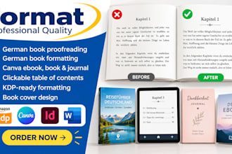 proofread german book, format german book, canva ebook ,canva book canva journa