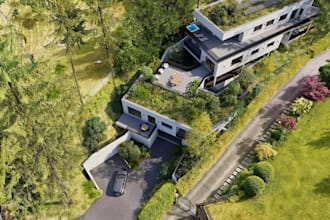 3d hillside building,luxury property render,slope house layout,penthouse villa