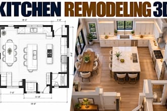 create kitchen remodeling 3d visualization with detailed floor plans