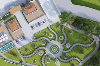 create multi shop landscape drawing, realistic site layout render, terrain model