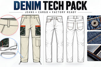 create denim jeans tech pack, cargo pants and factory ready specs for production