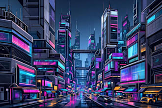 create a cyberpunk sci fi futuristic city illustration