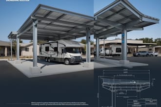 design rv covers, trailers shelters, carports, canopy structures with solar plan