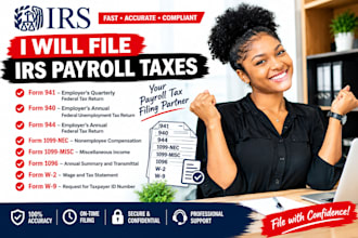 file irs payroll taxes form 941, 940, form 944, 1099nec, 1099misc, 1096, w2, w9