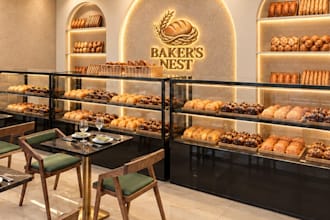 render 3d contemporary bakery, cafe interior, pub design, cafeteria, bar counter