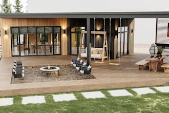 render3d outdoor modular home,front porch,seating area,living space,prefab house