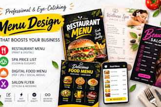 design restaurant menu, spa price list, digital food menu sheet, salon flyer