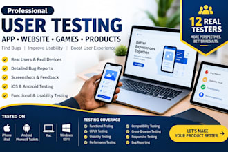 test and review your website, mobile apps, games, product, with 12 testers