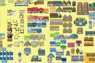 do pokemon style pixel art buildings,game asset, rpg tilesets, tile for fan game