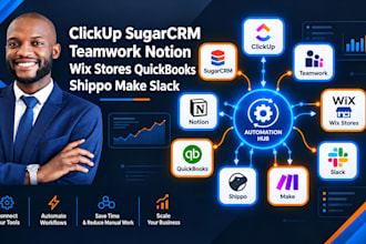 setup clickup sugarcrm teamwork notion wix stores quickbooks shippo make slack