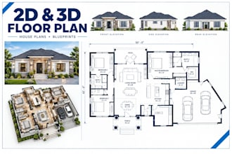 create 2d floor plan, 3d floor plan, house plan and architectural drawing