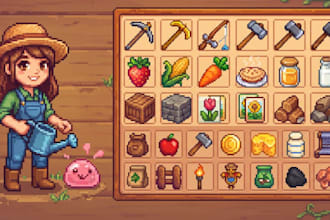 create pixel art game assets, icons, weapons, items, characters and sprites