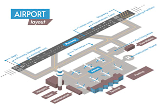design 3d flat isometric map for airport terminals and transit hubs, station map