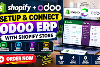 setup connect odoo erp with shopify store, liquid code sync products, bom orders
