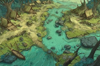design an epic fantasy rpg map and parchment illustration