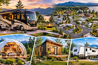 design 3d motorhome, rv park, glamping dome, trailer home and tiny home