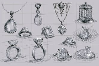 design jewelry illustration, sketch ring, earrings, bracelet