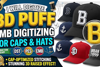 digitize 3d puff logo designs for caps and hats