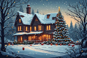 create cozy christmas house and winter scene illustrations