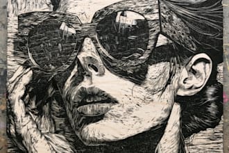 draw a vintage art illustration with linocut style